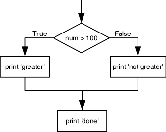 A flowchart diagram of the if-else construct that tests if variable num is greater than 100